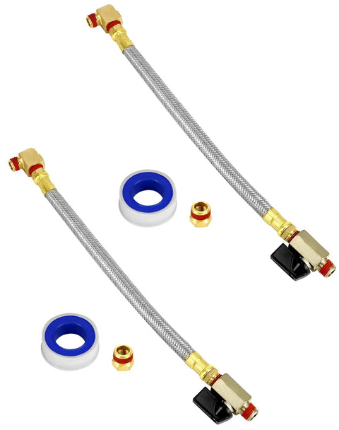 Two Pack Extended Tank Drain Valve Kit For Air Compressors with braided steel hose, brass adapter, and thread seal tape.