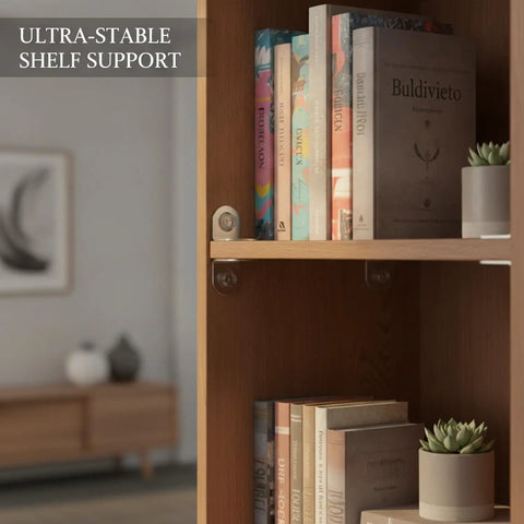 Heavy Duty Stainless Steel L Shaped Shelf Brackets Rock Solid Corner Support For Cabinets And Floating Shelves Home Reno Powerhouse Includes Mounting Screws Snag This Ten Pack Size 5.9 By 4.7 Inches with books in a wooden shelf.