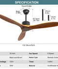 52 Inch Wood Ceiling Fan No Light With Remote For Indoor And Covered Outdoor Spaces Durable Rubber Wood 3 Blade Brown AC Motor Timer Vintage Style