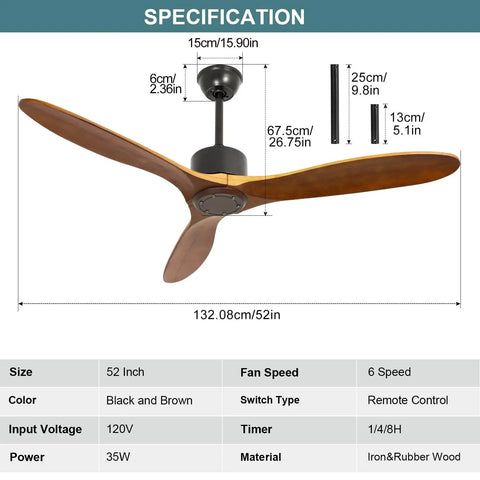 52 Inch Wood Ceiling Fan No Light With Remote For Indoor And Covered Outdoor Spaces Durable Rubber Wood 3 Blade Brown AC Motor Timer Vintage Style
