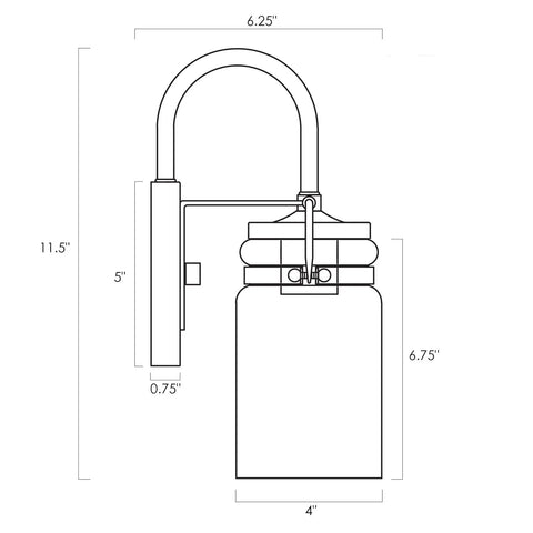 Dimensions diagram of Wyer 11.5 Inch Farmhouse Industrial Wall Sconce With Gooseneck Arm Clear Glass Jar Shade Dimmable Oil Rubbed Bronze Finish Vintage Rustic Lighting