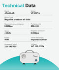 Technical data sheet of High Capacity Lab Vacuum Filtration Pump delivering 20 Liters Per Minute flow rate with specifications.