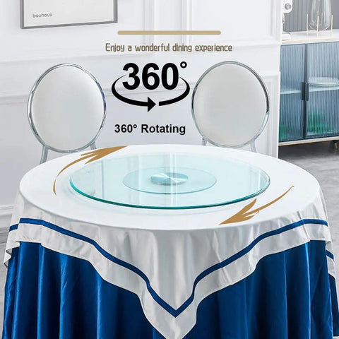 Heavy Duty 43 Inch Lazy Susan Turntable Smooth 360 Rotating Tempered Glass Dining Table Serving Tray on a blue and white tablecloth.
