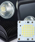 Close-up view of Super Tough 500W Led Flood Light IP66 Waterproof Outdoor Security And Work Light, lens, heat sink, circuit board.