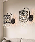 Crystal Wall Sconce Set Of 2 Indoor Wall Lamps With Lattice Drum Shade For Bedroom Bedside Living Room Black Finish Durable Solid Metal Construction Slick Modern Home Decor mounting above a sofa.