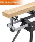 Close-up of Built Tough Folding Miter Saw Stand showing extendable arms supporting a wooden workpiece.