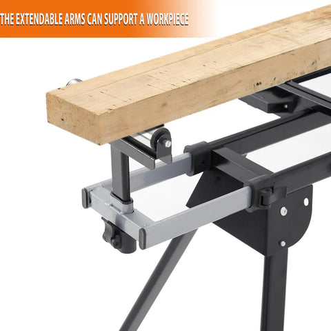 Close-up of Built Tough Folding Miter Saw Stand showing extendable arms supporting a wooden workpiece.