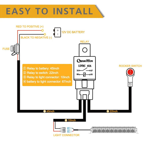 Wiring diagram for Light Bar Wiring Harness Kit With Handlebar Switch For 12V LED Bars And Fog Lights, 180W Max, 40A Relay, Fuse.