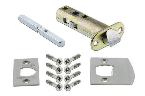Old School Mission Plate With Keyhole And Round Crystal Glass Knob For Passage Doors Two And Three Quarter Inch Backset Satin Nickel Solid Brass Plates Easy Install For Closets And Hallways Retro Restoration Kit, latch and screws