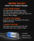 Instructional guide for 2A Fast Ebike Charger For 48V Lithium Batteries With 54 Point 6V Output, 3 Pin XLR Connector.