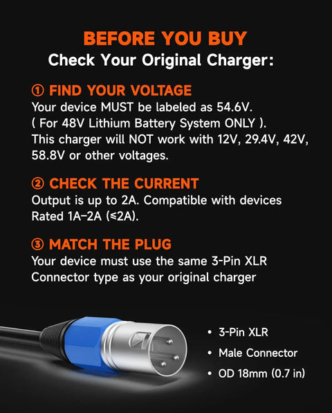 Instructional guide for 2A Fast Ebike Charger For 48V Lithium Batteries With 54 Point 6V Output, 3 Pin XLR Connector.