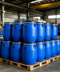 Pallet of blue HDPE drums in a warehouse, Built Tough As Nails Sealed Plastic Drum With Lid For Shipping And Storage 30L 50L 60L 65L