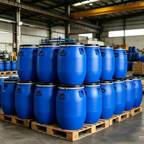 Pallet of blue HDPE drums in a warehouse, Built Tough As Nails Sealed Plastic Drum With Lid For Shipping And Storage 30L 50L 60L 65L