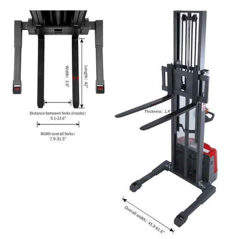 Tory Carrier Full Electric Pallet Stacker, 3300 Lb Capacity, 118 Inch Height, showing fork dimensions and adjustable width