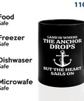 11oz Black Coffee Mug For Boaters Land Is Where Sailor Gift Funny Lake Theme Mug displayed with dishwasher and microwave safe icons