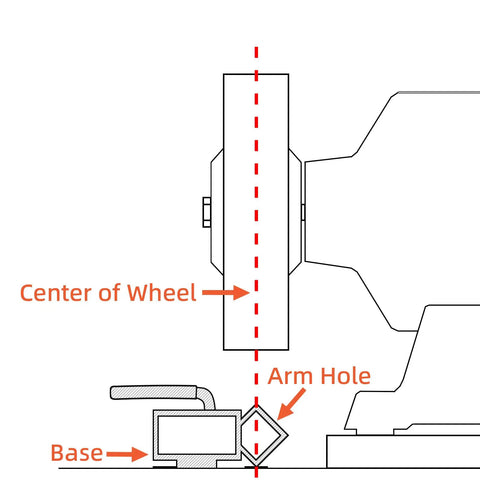 Heavy Duty Woodturning And Carving Tool Sharpening Jig For 6 Inch To 8 Inch Bench Grinders profile view with marked center and base.