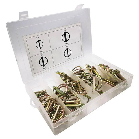 50 Piece Lynch Locking Pin Set M4.5 M6 M8 M11 in plastic box