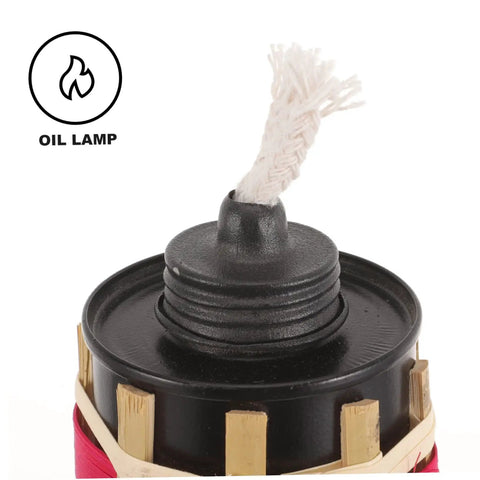 Close-up of the oil lamp top of a 2 Pack Faux Bamboo Tiki Torches Outdoor Decor For Backyard Handmade Bamboo Torch Lights.