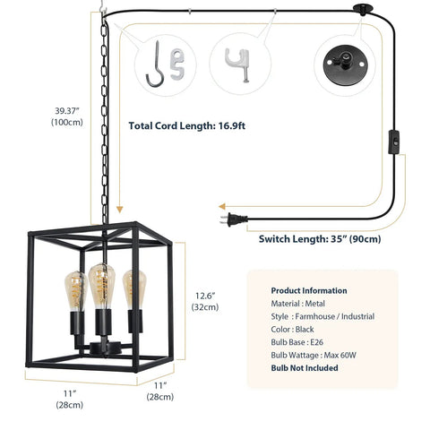 Industrial Farmhouse Plug In Pendant Light With 16.9ft Cord, black square chandelier dimensions and assembly details
