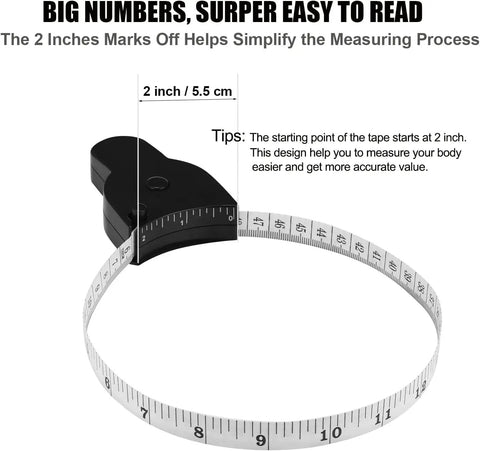 Three Pack 60 Inch Body Measuring Tapes With Auto Telescopic Fat Measure For Easy One Hand Use, Track Weight Loss, Muscle Gain, And Precise Body Measurements With Durable Fiberglass Tape, 2-inch start mark