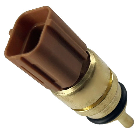 Coolant temperature sensor with brown rectangular plastic connector and brass threaded body, O-ring included