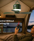 Heavy Duty 18 Inch Rechargeable Ceiling Fan With Bright Led Light And Huge 15600 mAh Battery For Gazebo Patio And Rv Camping, remote control in hand.