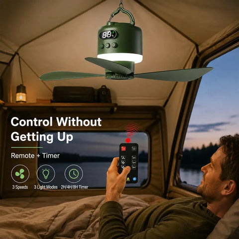 Heavy Duty 18 Inch Rechargeable Ceiling Fan With Bright Led Light And Huge 15600 mAh Battery For Gazebo Patio And Rv Camping, remote control in hand.