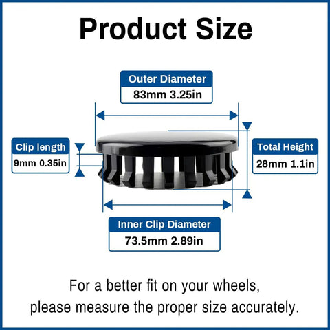 Size chart of Chevy 3.25In 83Mm Black Wheel Center Caps Hub Covers For Silverado Suburban Tahoe Yukon XL Sierra Van Savana