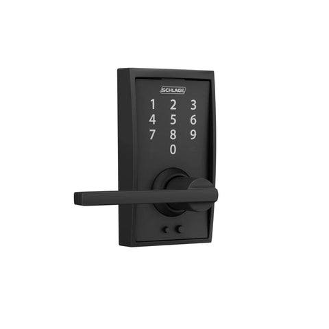 Touch Century Keyless Front Door Lock With Lever Handle Matte Black Finish Touchscreen Keypad Auto Lock Or Unlocked Modes 2 Pre Programmed Codes And Up To 19 Codes For Family And Friends Cylinder Free Design Easy Install showing matte black keypad and lever