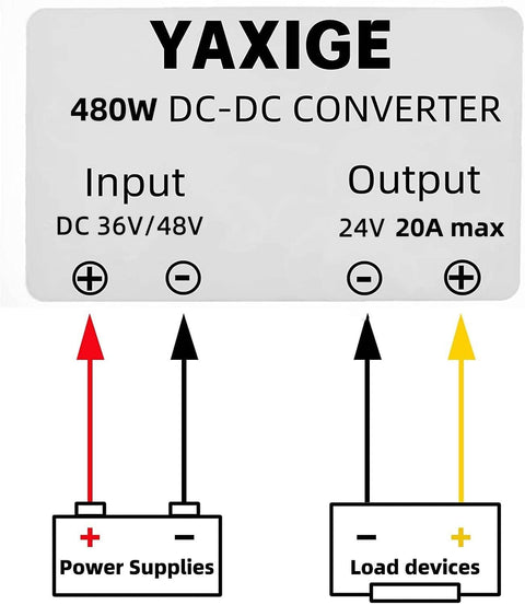 36V Or 48V DC Buck Converter To 24V 20A 480W Voltage Regulator Module diagram with input and output connections