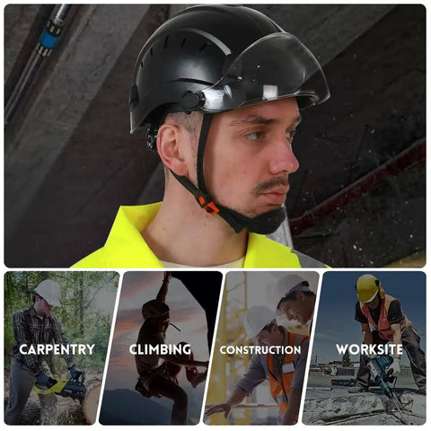 Black safety helmet on worker carpentry climbing construction worksite