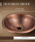 18 Gauge Pure Copper Oval Drop In Bathroom Sink Hand Hammered For Vanity Countertop 17 Inch Top Mount Copper Vanity Sinks For Powder Room Guest Bath Or Restroom, showing hand hammered texture with dimensions 17x13 inches