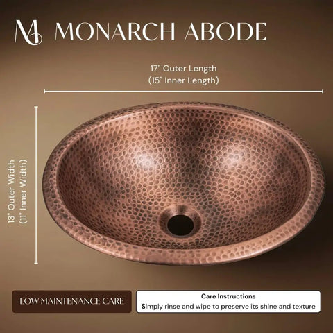18 Gauge Pure Copper Oval Drop In Bathroom Sink Hand Hammered For Vanity Countertop 17 Inch Top Mount Copper Vanity Sinks For Powder Room Guest Bath Or Restroom, showing hand hammered texture with dimensions 17x13 inches