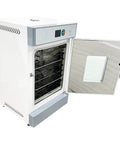 Horizontal Electric Blast Drying Oven Built Tough As Nails For Daily Lab Heating Featuring Rust Resistant Finish Coat And Spotless Stainless Chamber Premium Quality Construction Guaranteed, with open door revealing racks.