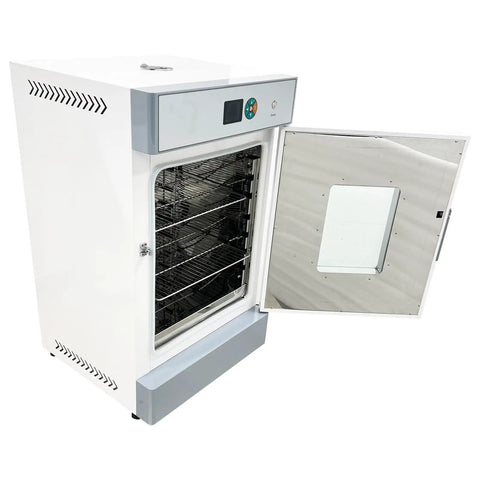 Horizontal Electric Blast Drying Oven Built Tough As Nails For Daily Lab Heating Featuring Rust Resistant Finish Coat And Spotless Stainless Chamber Premium Quality Construction Guaranteed, with open door revealing racks.