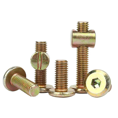 Kickstart Your Next Build With These Heavy Duty Furniture Screw And Nut Sets Featuring Horizontal Hole Hammer Nuts For Solid Wood Board Assembly Includes M6 Cross Dowel Connectors And Forty Total Pieces For Reliable Knock Together Success featuring various heavy duty M6 screws and nuts.