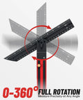 Essential Top Shelf Adjustable Stair Tread Template Tool For Dead Simple Carpentry Layouts And Precision Woodworking Projects With Sturdy Locking Slide Rails showing 0-360 degree angle measurement.