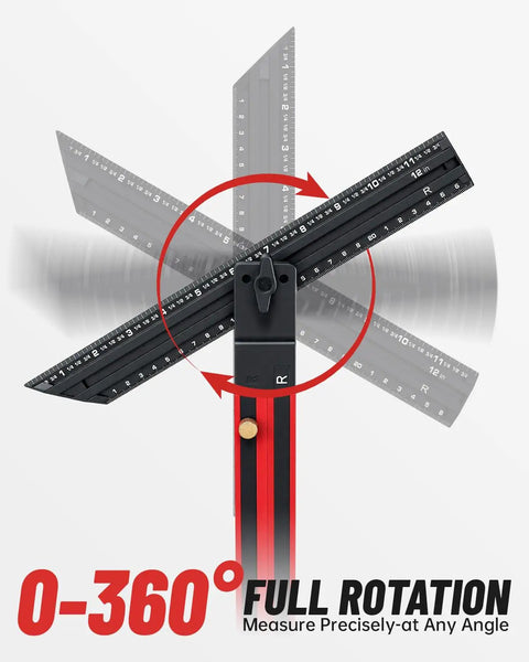 Essential Top Shelf Adjustable Stair Tread Template Tool For Dead Simple Carpentry Layouts And Precision Woodworking Projects With Sturdy Locking Slide Rails showing 0-360 degree angle measurement.