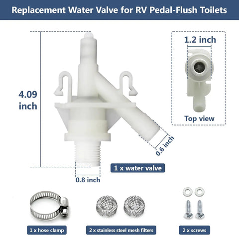 RV Pedal Flush Toilet Water Valve Repair Kit For Select 300 301 310 311 320 321 Series Fits Like A Glove With Freeze Resistant ABS Build And Hassle Free Install Replacement 385311641 white valve with clamp, filters, and screws