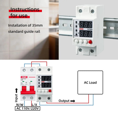 Smart Circuit Breaker With Overvoltage And Undervoltage Protection, adjustable DIN rail mount in industrial setting