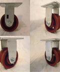 Tough As Nails Heavy Duty Rigid Casters Set Of Four With 4 Inch Ductile Steel V Groove Wheels Smooth Roller Bearings and Deep Burgundy Finish for Shop Cart Applications - Various angles displayed.