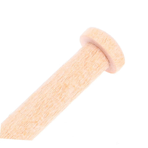 Close-up of Miniature Wooden T Nails For Crafts And Woodworking With Ergonomic T Head Design showing beige wood grain and T-head