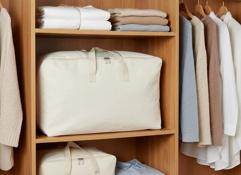 Soft Large Canvas Storage Bags With Zipper And Clear Window For Pillows, Quilts, Blankets And Comforters, 80L Each in closet