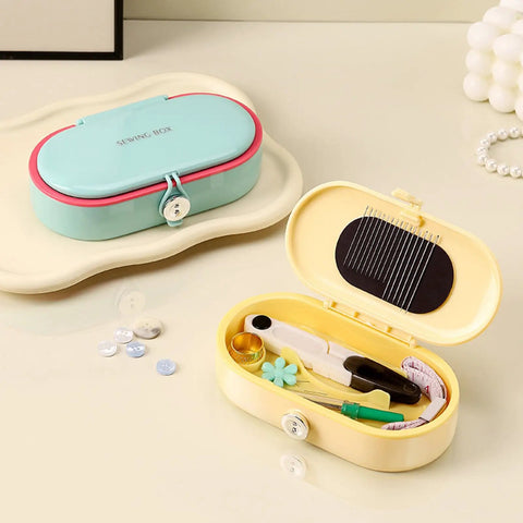 Grab And Go Travel Sewing Kit With Round Case Emergency Repair Gear With Needles Thread Scissors Thimble open in yellow.
