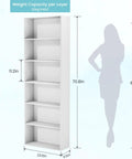Tall 71 Inch White Bookshelf With Six Open Shelves Floor Standing Bookcase For Living Room Home Office And Bedroom Super Sized Storage For Books Decor And More, 70.8 inches tall next to silhouette, showing storage capacity.