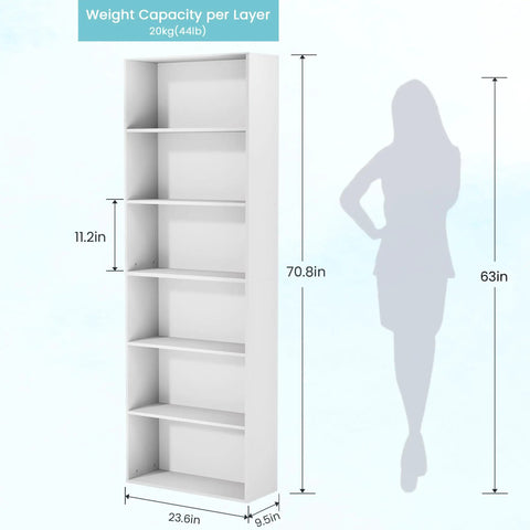 Tall 71 Inch White Bookshelf With Six Open Shelves Floor Standing Bookcase For Living Room Home Office And Bedroom Super Sized Storage For Books Decor And More, 70.8 inches tall next to silhouette, showing storage capacity.