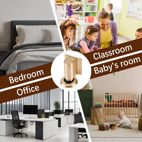 Magnetic Door Stop Heavy Duty Wedge With No Drill Install Kit used in bedroom, office, classroom, and baby's room.