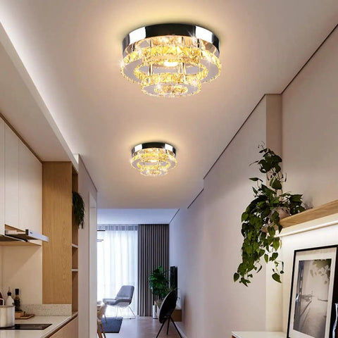 Mini Crystal Chandelier Ceiling Light Two Layer Ring Design Flush Mount Modern Lighting for Hallway