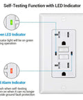 5 Pack GFCI Outlet 20 Amp Outdoor Weather Resistant Tamper Resistant UL Listed Backyard Ready With Self Test LED Indicator Thinner Design Wall Plate Included White Finish showing self-testing LEDs.