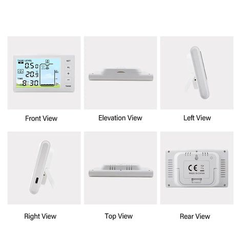 Various views of Wireless Ultrasonic Water Level Sensor With Digital Display And Temperature Readout For Liquid Depth Monitoring Battery Powered Tank Gauge Easy Setup And Real Time Alerts.